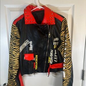 Red and Black Studded Jacket with Tiger Print Sleeves